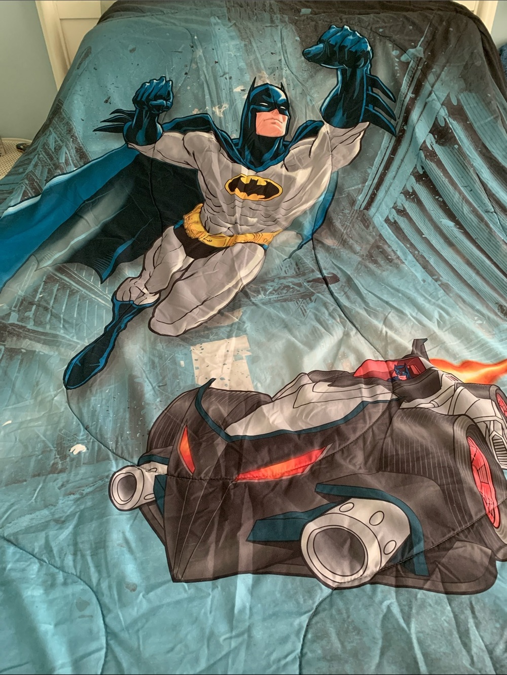 Batman Comforter in Teal, Black and Yellow - Superhero Action Scene, with sheets
